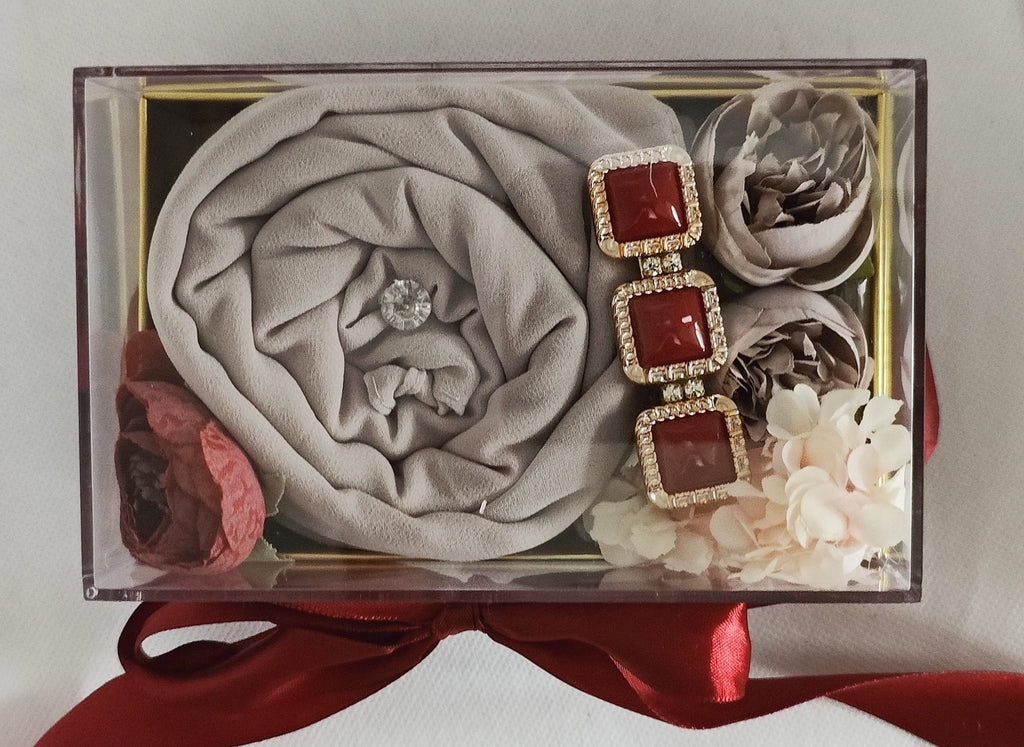 Clear Lid Velvet Hijab Gift Box with Scented Flowers, Personalised Customised, Hair Accessories, Luxury Package