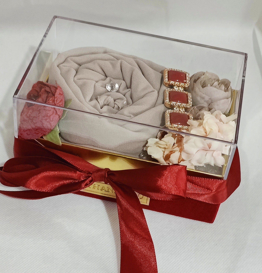 Clear Lid Velvet Hijab Gift Box with Scented Flowers, Personalised Customised, Hair Accessories, Luxury Package