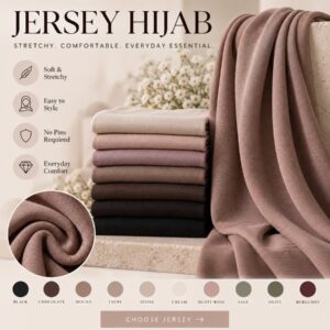 Jersey hijab collection by Tahani Boutique, shown in ten colours with fabric texture detail