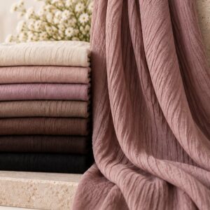 Thai hijabs folded in a stack with one draped alongside, showing the soft textured drape