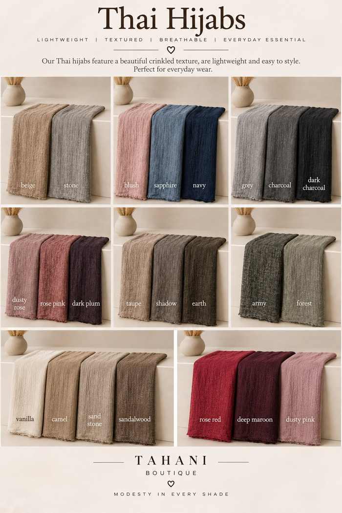 Thai hijab colour chart showing every Tahani Boutique Thai shade with its name